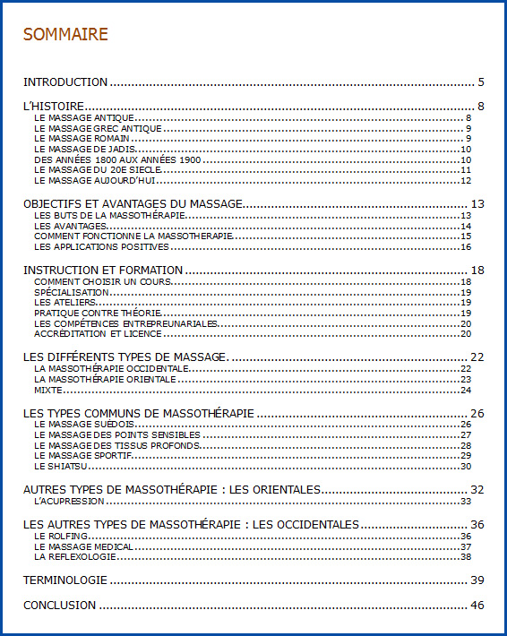 sommaire du guide du massage